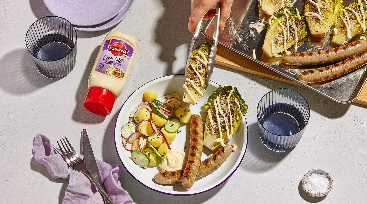 Gegrilde slaharten met worst en Looksaus van Pauwels