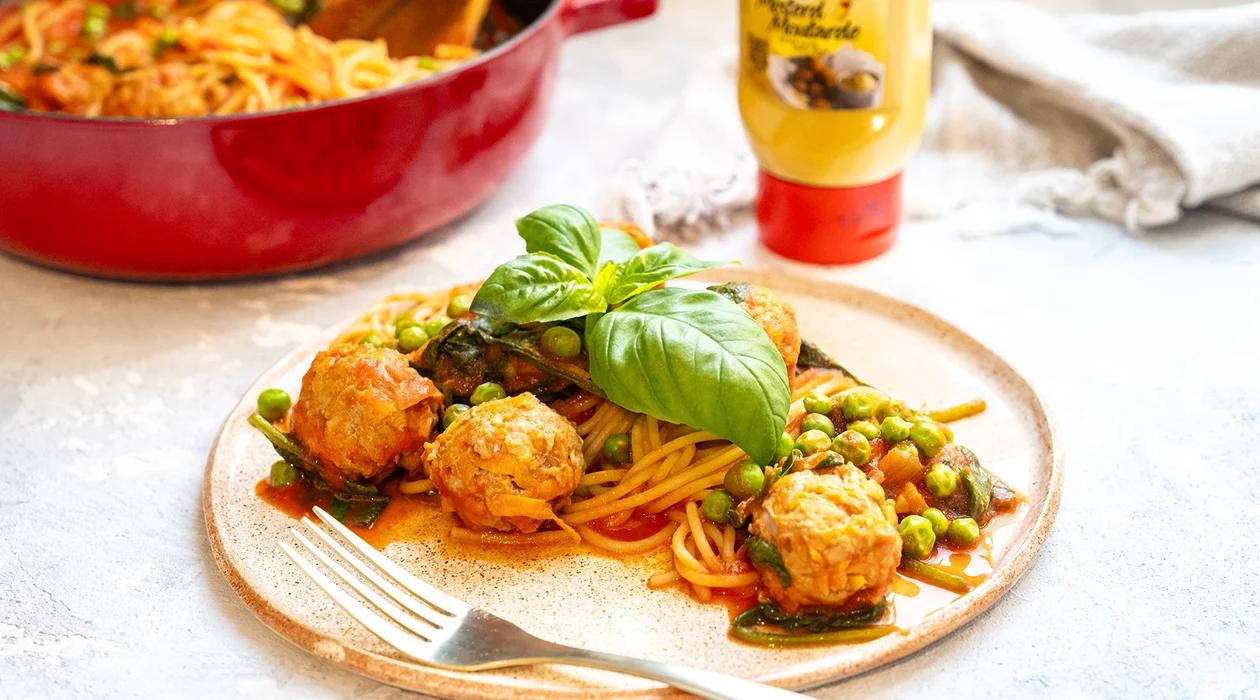 Snelle pasta met gehaktballetjes en Mosterd